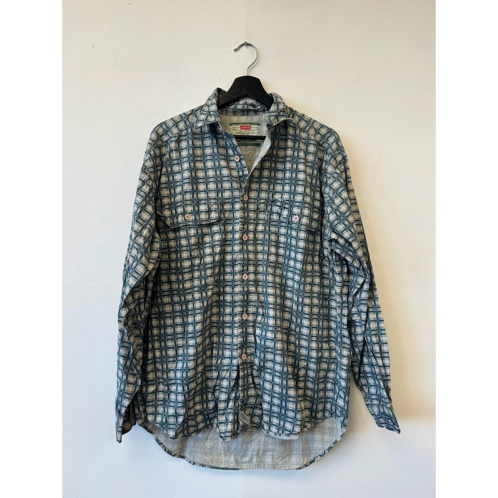Vintage Levis‎ Shirt Mens Medium Green Blue Plaid Long Sleeve Button Front 90s